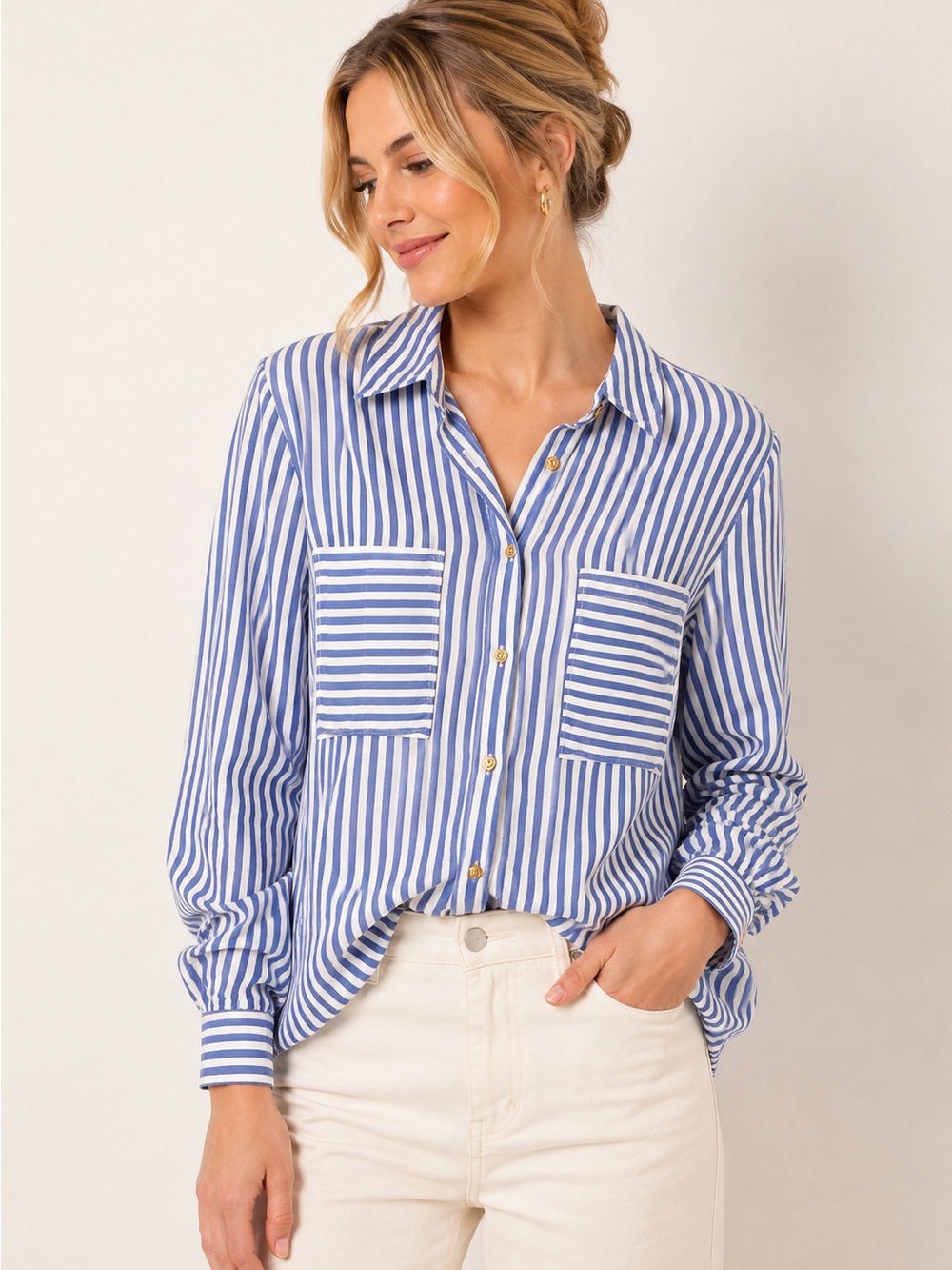 Zara Basic Blue White Striped Button Down Shirt Small Casual Pocket Blouse